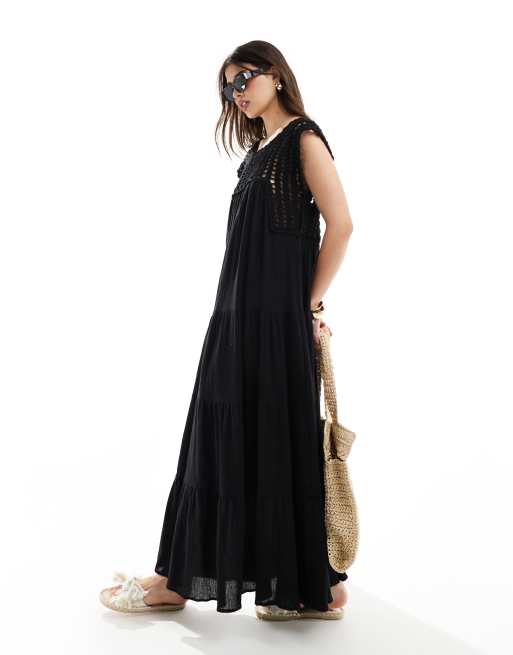 ASOS DESIGN crochet swing tiered maxi dress in black ASOS