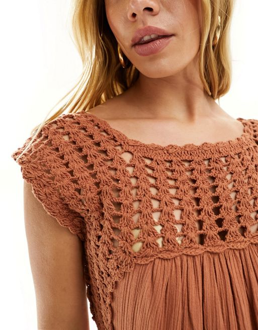 ASOS DESIGN button front crochet wide leg jumpsuit in rust