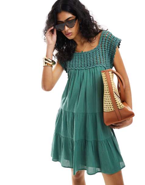 ASOS DESIGN crochet swing tiered mini dress in khaki - view 1