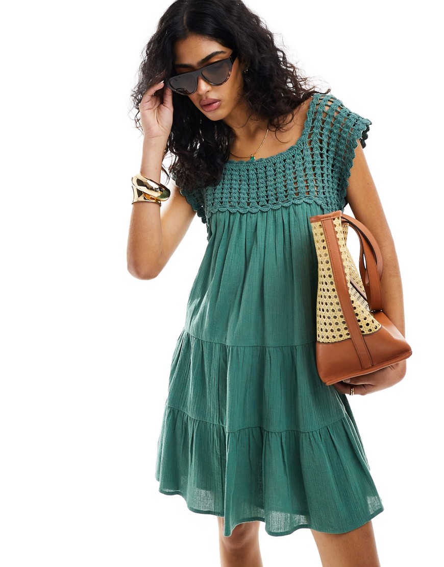 ASOS DESIGN crochet swing tiered mini dress in khaki-Green