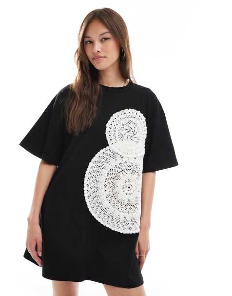 ASOS DESIGN crochet T-shirt mini dress in black - view 1