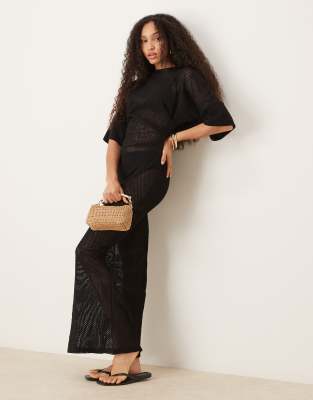 asos design crochet t-shirt tuck midi dress in black