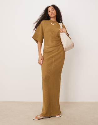 crochet t-shirt tuck midi dress in olive-Green