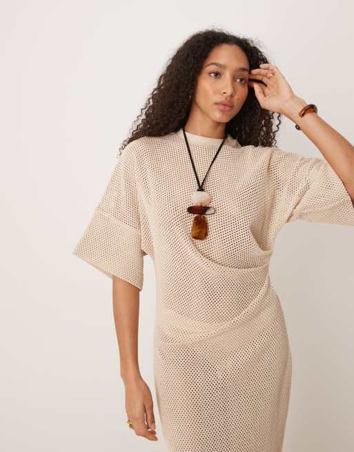 ASOS DESIGN crochet t-shirt tuck midi dress in stone