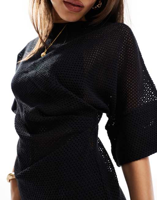 ASOS DESIGN crochet t-shirt tuck mini dress in black