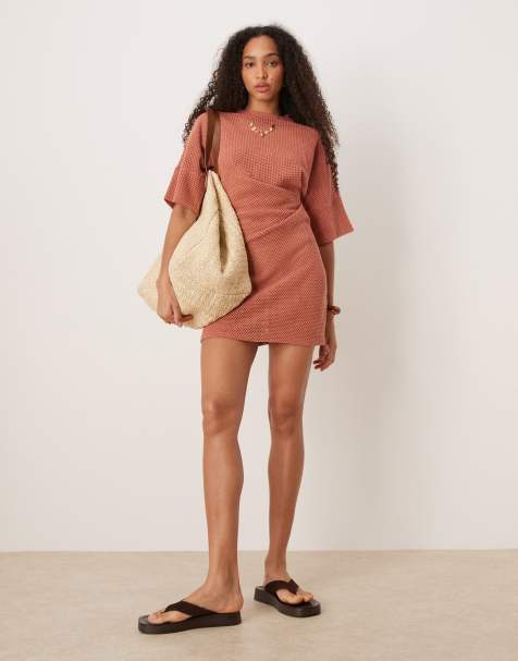 ASOS DESIGN crochet t shirt tuck mini dress in rust - view 1