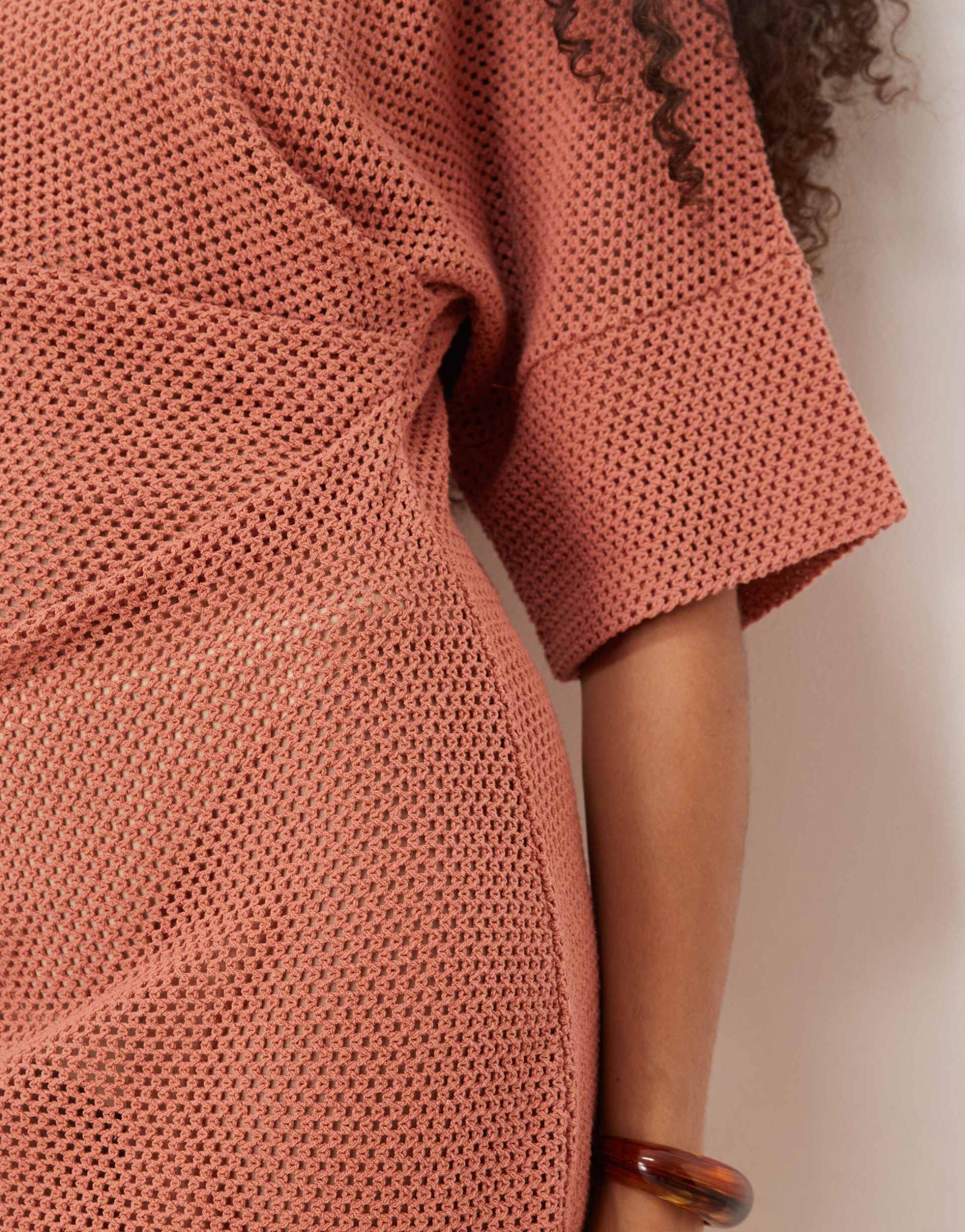 asos design crochet t-shirt tuck mini dress in rust