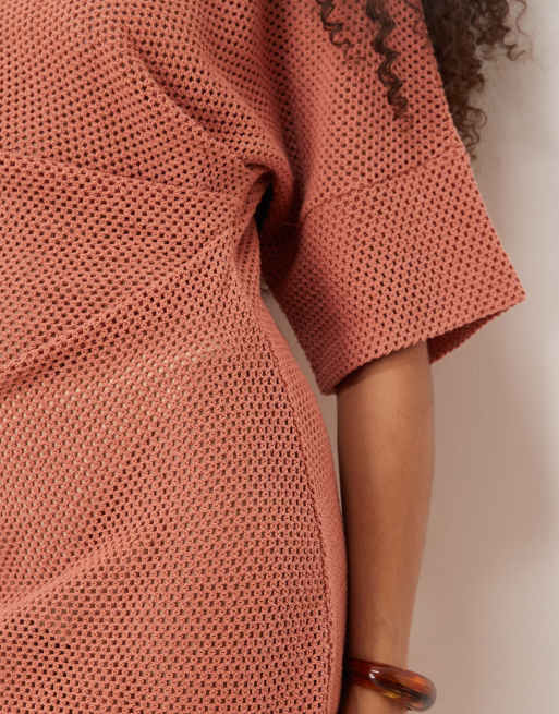 ASOS DESIGN crochet t-shirt tuck mini dress in rust