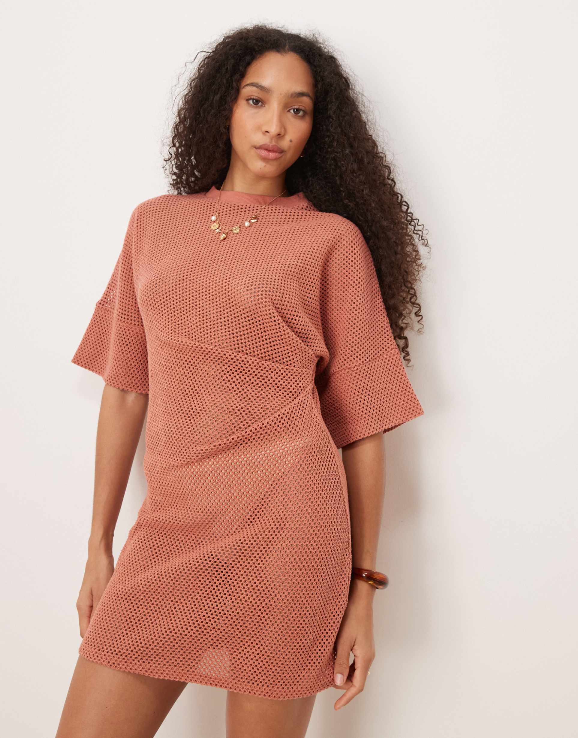 asos design crochet t-shirt tuck mini dress in rust
