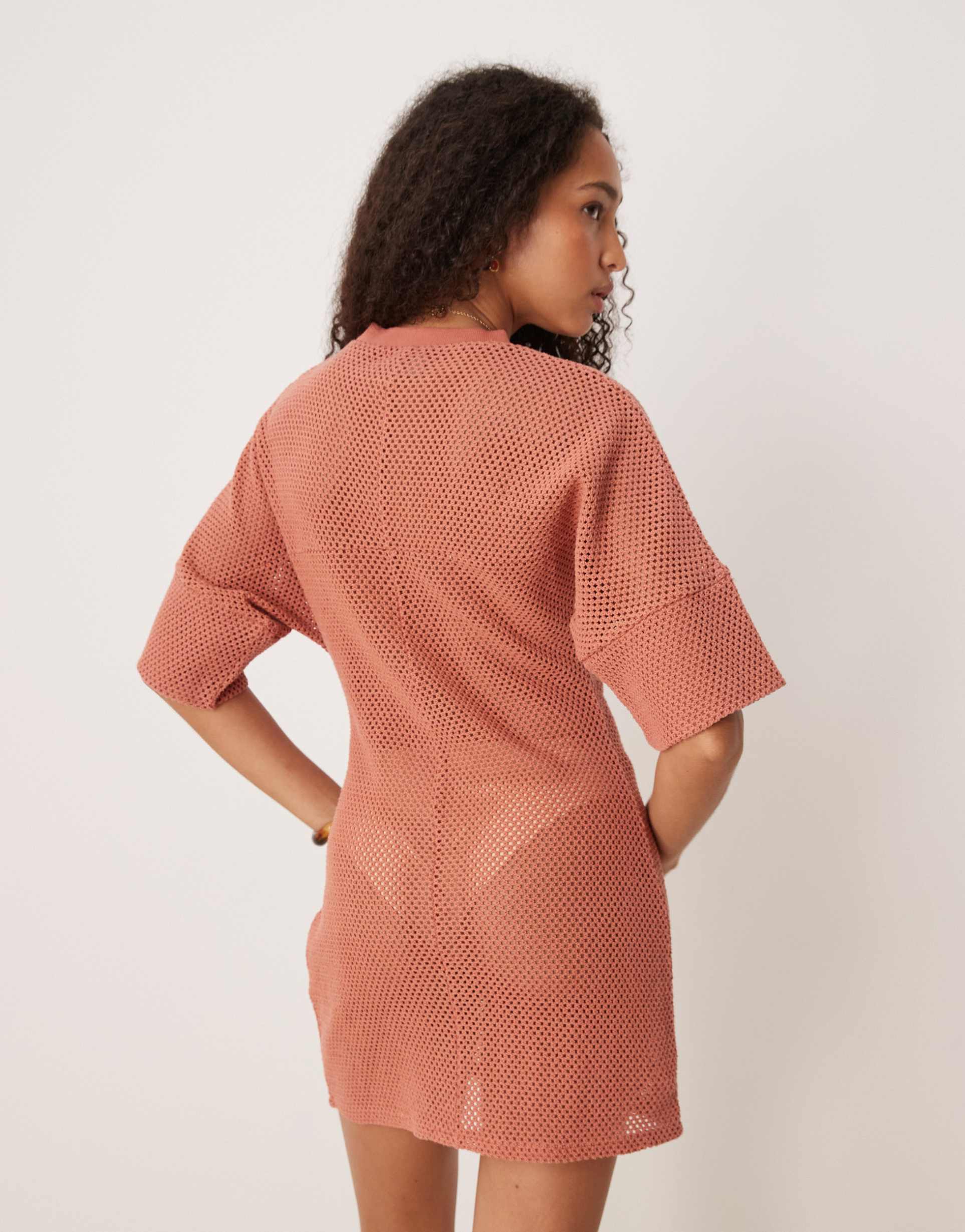 asos design crochet t-shirt tuck mini dress in rust