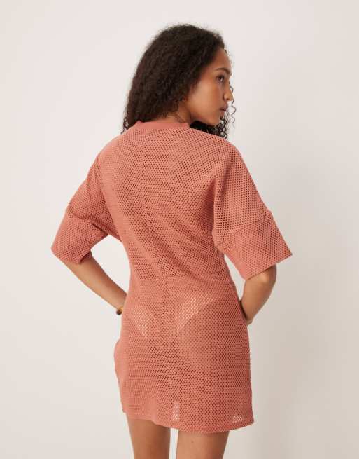 ASOS DESIGN crochet t-shirt tuck mini dress in rust