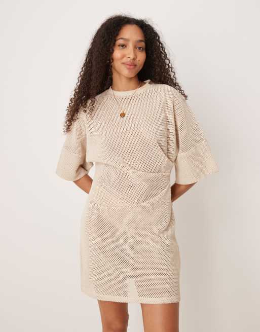ASOS DESIGN crochet t-shirt tuck mini dress in stone