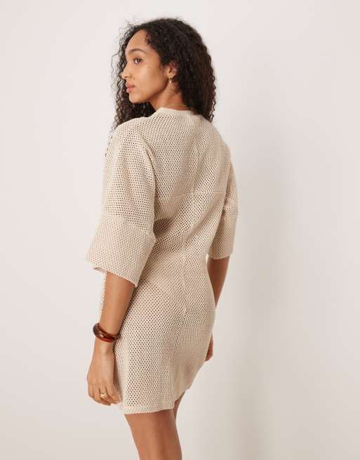 ASOS DESIGN crochet t-shirt tuck mini dress in stone