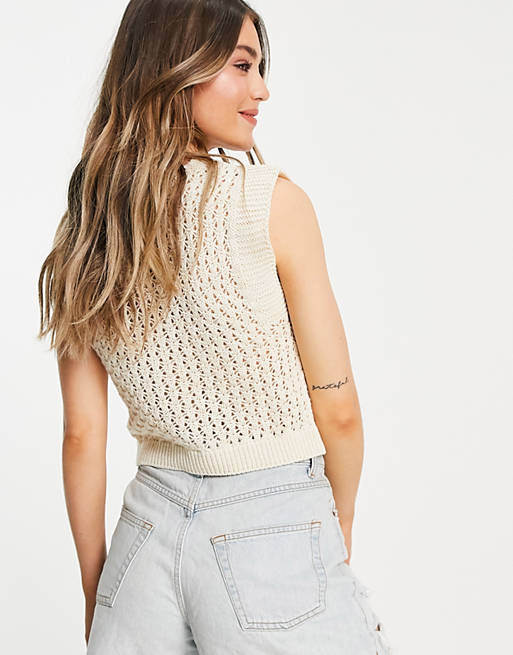  crochet tank with button placket in white 