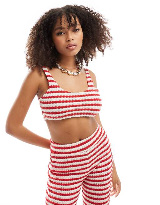 ASOS DESIGN crochet texture stripe cami top in red and white (part of a set)