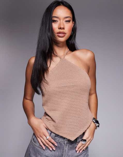ASOS DESIGN crochet textured angled hem halter top in mocha brown - view 1