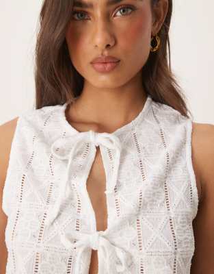 Asos Design Crochet Tie Front Boxy Fit Round Neck Vest In White