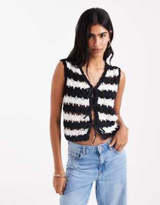 crochet tie front knit vest in stripe-Multi