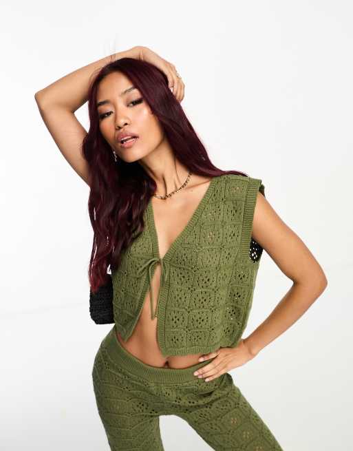 ASOS DESIGN crochet tie front waistcoat in khaki (part of a set)
