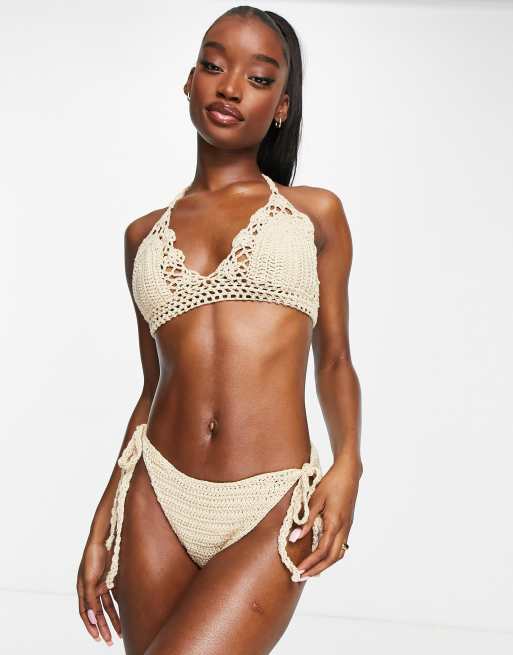 FhyzicsShops DESIGN crochet tie side bikini bottoms in neutral