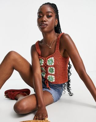 ASOS DESIGN crochet top with lace up front detail in brown | ASOS