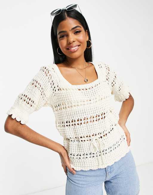 ASOS DESIGN crochet top with square neck and tie waist in cream , 2 of 4
