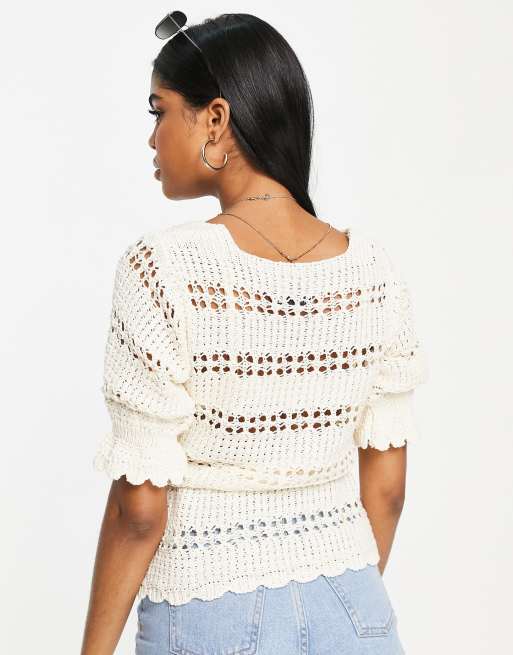 ASOS DESIGN crochet top with square neck and tie waist in cream , 3 of 4