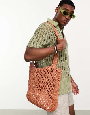 ASOS DESIGN crochet tote bag in brown