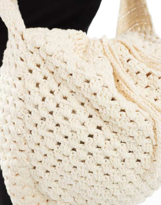ASOS DESIGN crochet tote bag with ruched closing in cream, 2 of 4