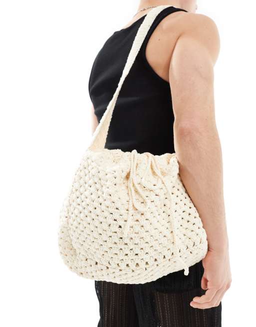 ASOS DESIGN crochet tote bag with ruched closing in cream, 3 of 4