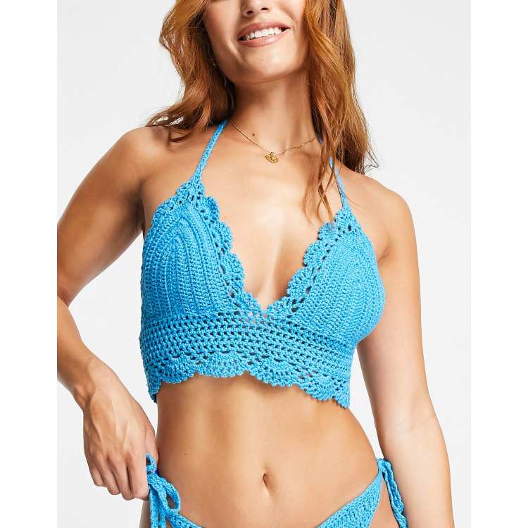 ASOS DESIGN crochet triangle crop bikini top in blue