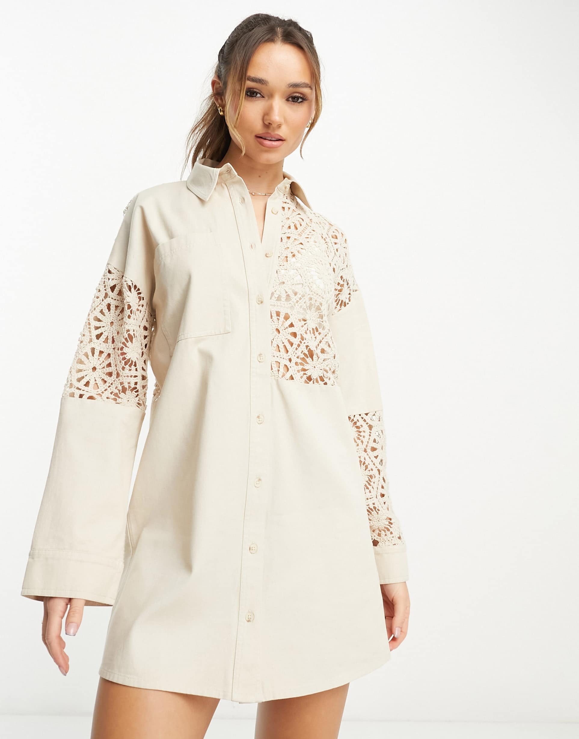 ASOS DESIGN crochet twill patched mini shirt dress in vintage cream view 2