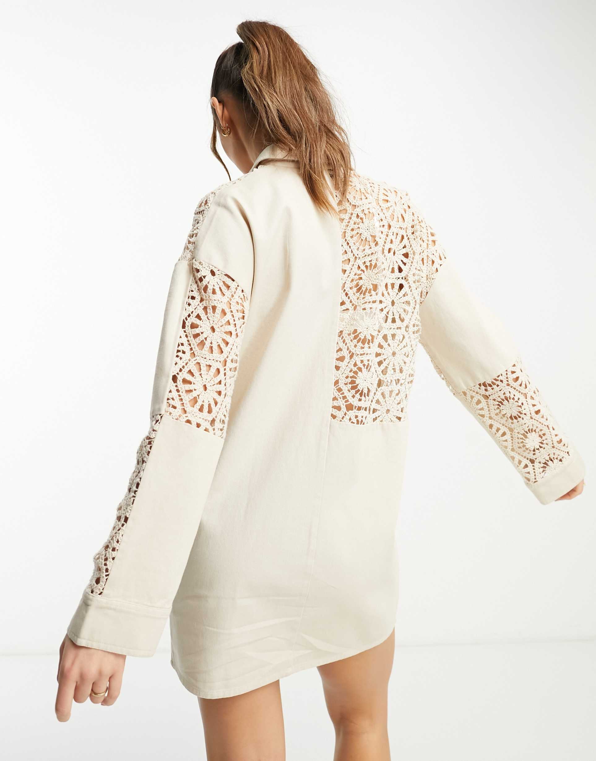 ASOS DESIGN crochet twill patched mini shirt dress in vintage cream view 3