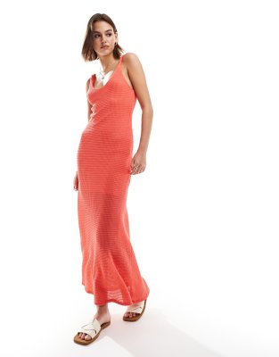 Asos Design Crochet Twisted Strap Maxi Dress In Coral-orange