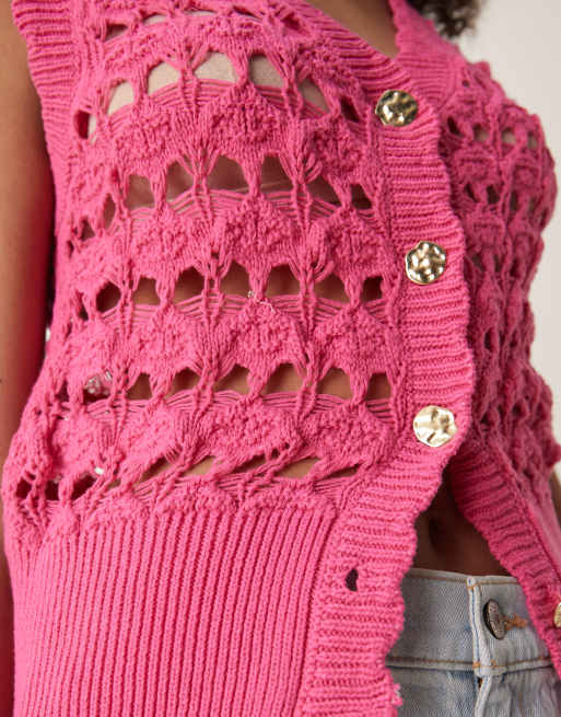ASOS DESIGN crochet vest with scallop trim and silver buttons in pink , 2 of 4