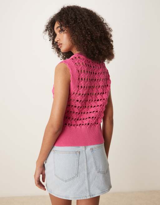 ASOS DESIGN crochet vest with scallop trim and silver buttons in pink , 3 of 4