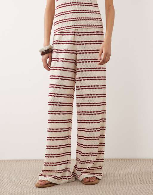 ASOS DESIGN crochet wide leg draw string pants in ecru & red stripe - part of a set, 2 of 5