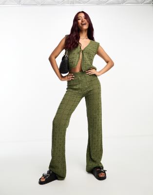 ASOS DESIGN crochet wide leg pants in khaki - part of a set