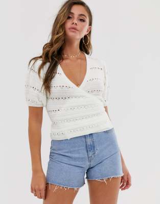 ASOS DESIGN crochet wrap top with puff sleeve-White