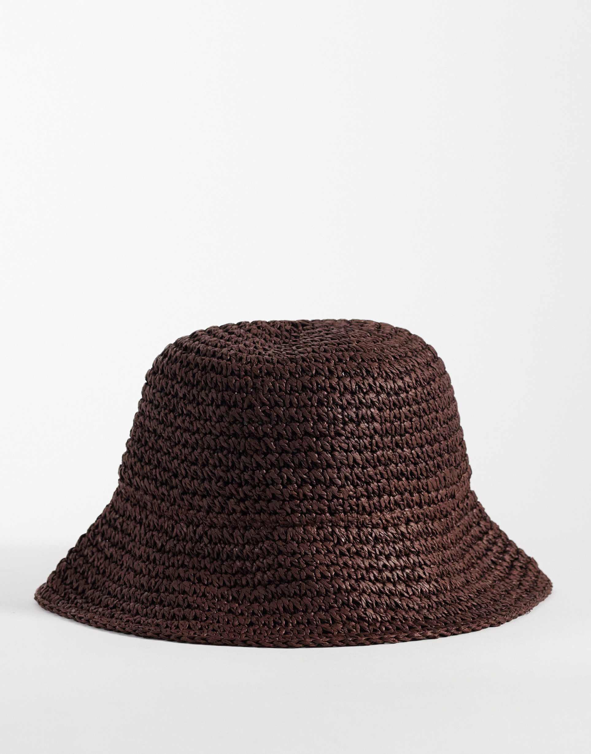 asos design crocheted straw packable bucket hat in chocolate