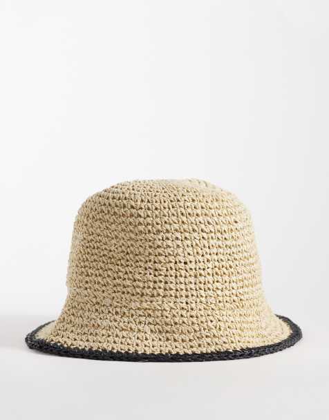 ASOS DESIGN crocheted straw packable bucket hat in natural with tipped edge - view 1