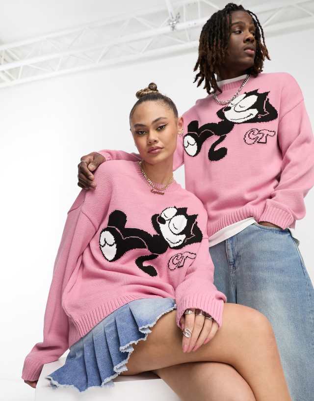 ASOS DESIGN Crooked Tongues x Felix the Cat Unisex oversized sweater in pink