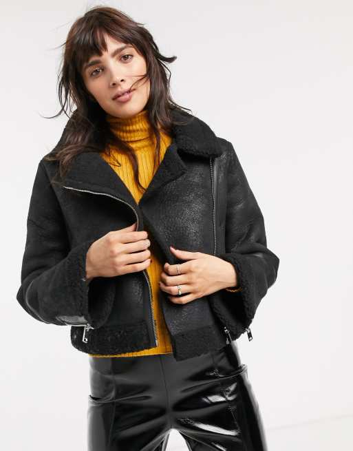 ASOS DESIGN crop borg aviator jacket in black | ASOS