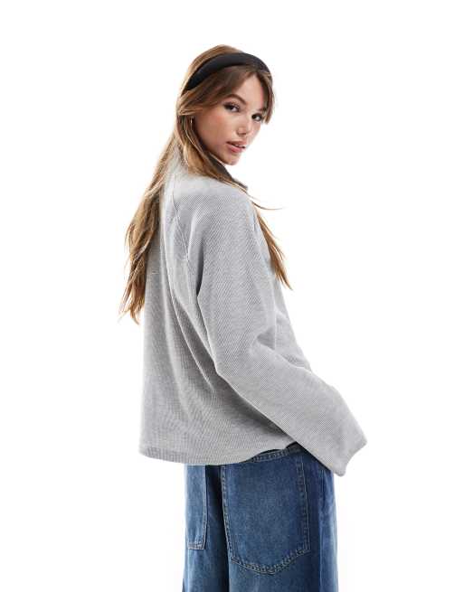 ASOS DESIGN crop boxy long sleeve henley in waffle gray heather, 4 of 4