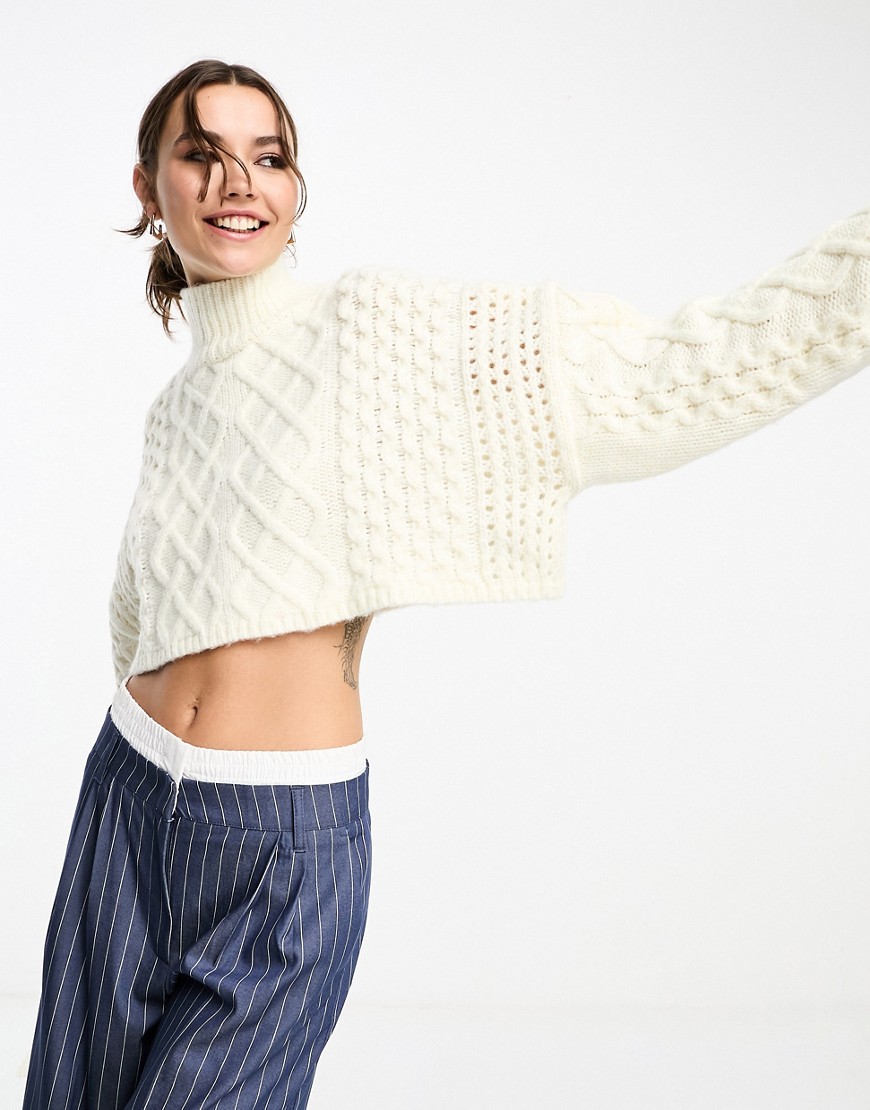ASOS DESIGN crop cable jumper in boxy fit in cream-White