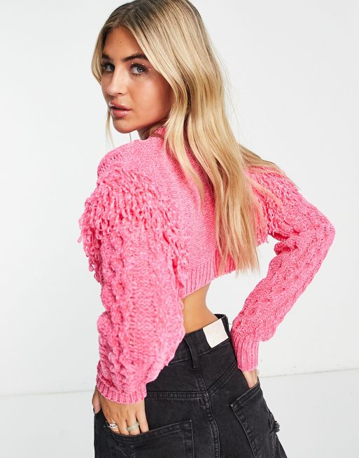 ASOS DESIGN crop sweater in fluffy yarn in pink