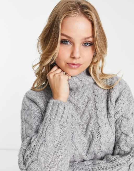 ASOS DESIGN crop cable sweater with high neck in fluffy yarn in