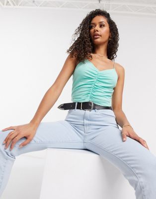 ASOS DESIGN crop cami with ruched front and skinny straps in mint | ASOS