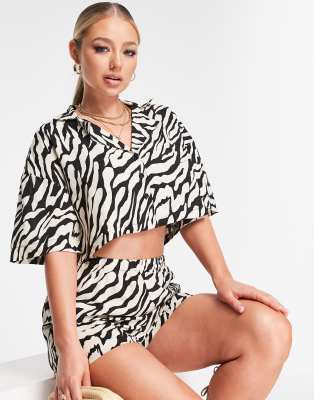 ASOS DESIGN crop co-ord beach shirt in zebra print-Multi