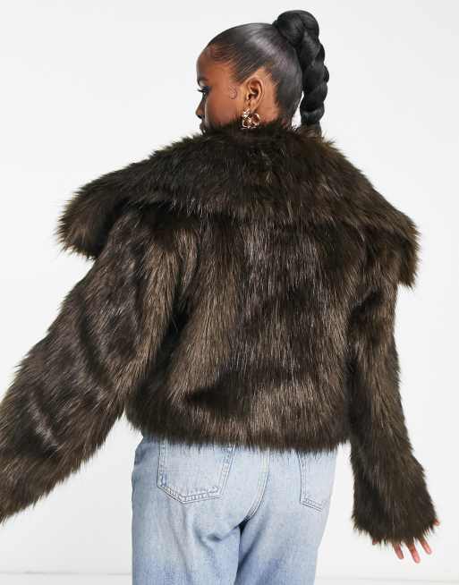 ASOS DESIGN crop collared faux fur jacket in brown